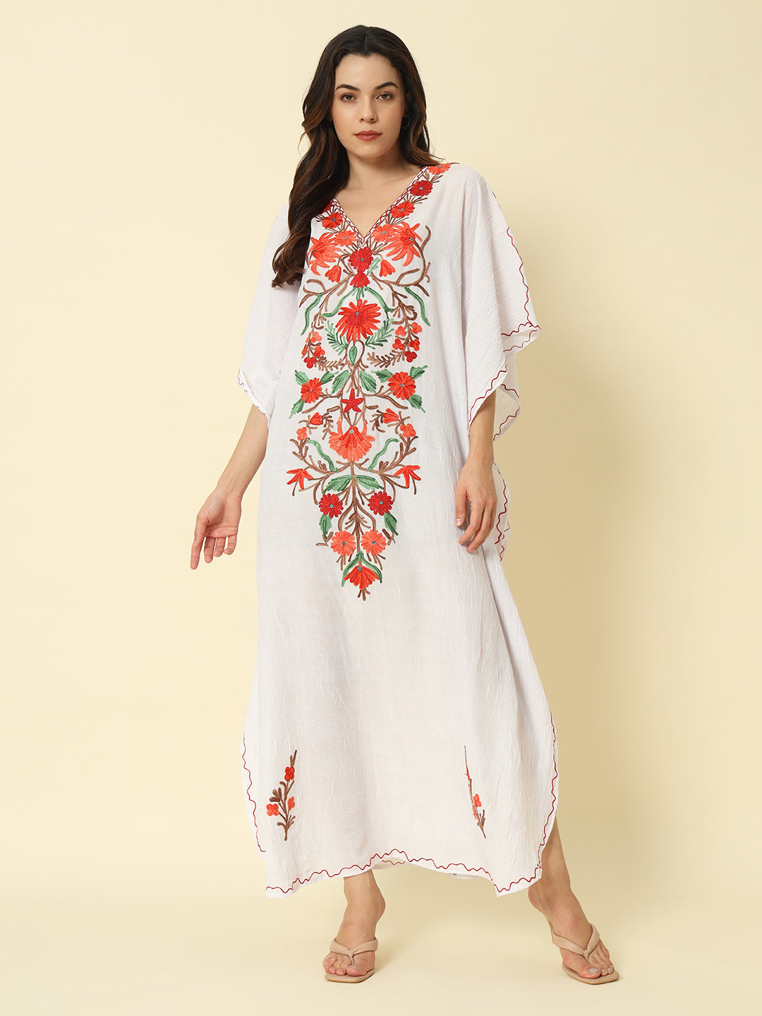 White Cotton Kaftan with Red and Orange Floral Embroidery – THE DAL SERIES